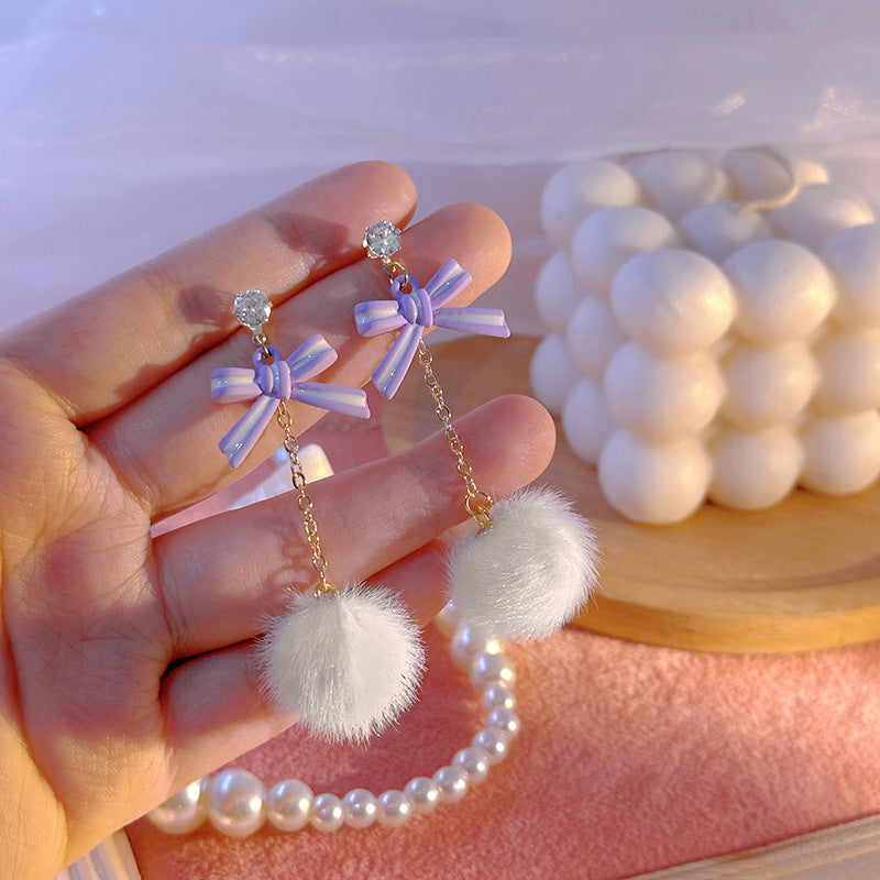 Wholesale silver needle colorful cartoon bear fur ball earrings