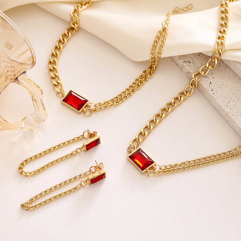 Wholesale Stylish Geometric Zircon Jewelry Set Blue Square Alloy Double Chain Layered Necklace Earrings Hand Accessory Everyday Boutique Resale