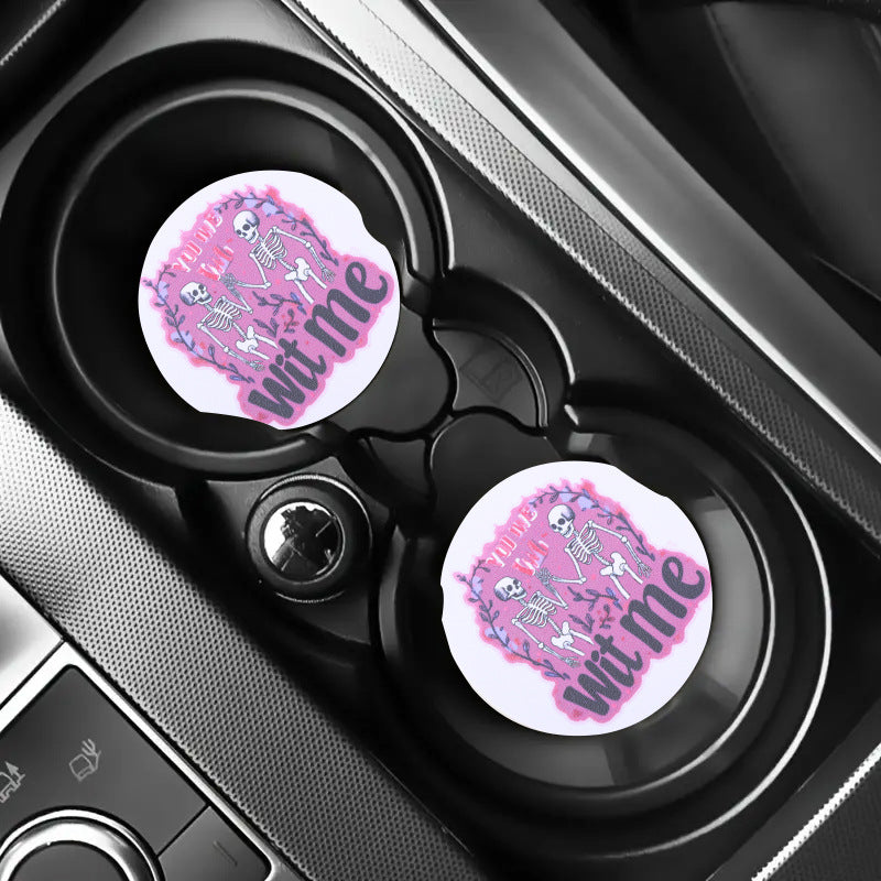 Wholesale Couple Crane Santa Claus Skeleton Pattern Water Absorbing Round Leather Car Cup Cushion ACC-CA-YTian001