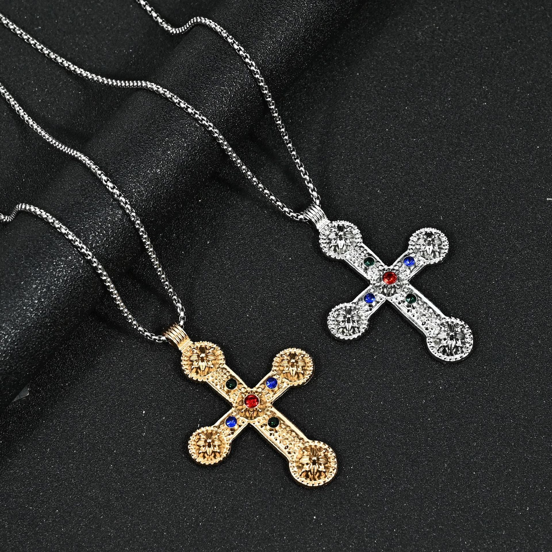 Wholesale Punk Style Diamond Cross Pendant Necklace Stainless Steel Chain Fashion Jewelry Accessory Boutique Gift