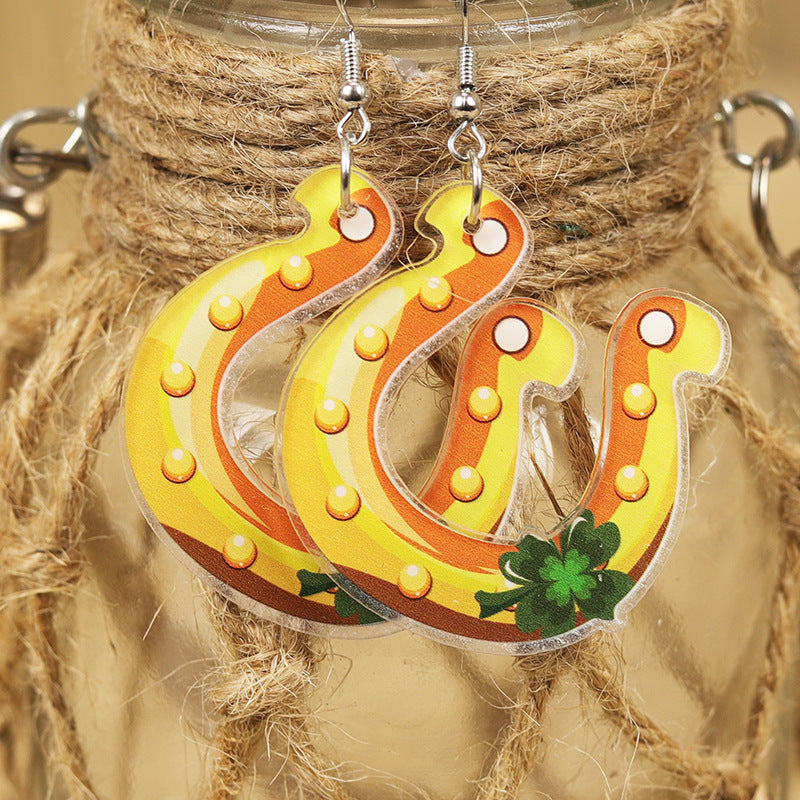 Wholesale  Western Style Cute Horseshoe Multi-Color Letter Good Luck Printed  Acrylic Earrings