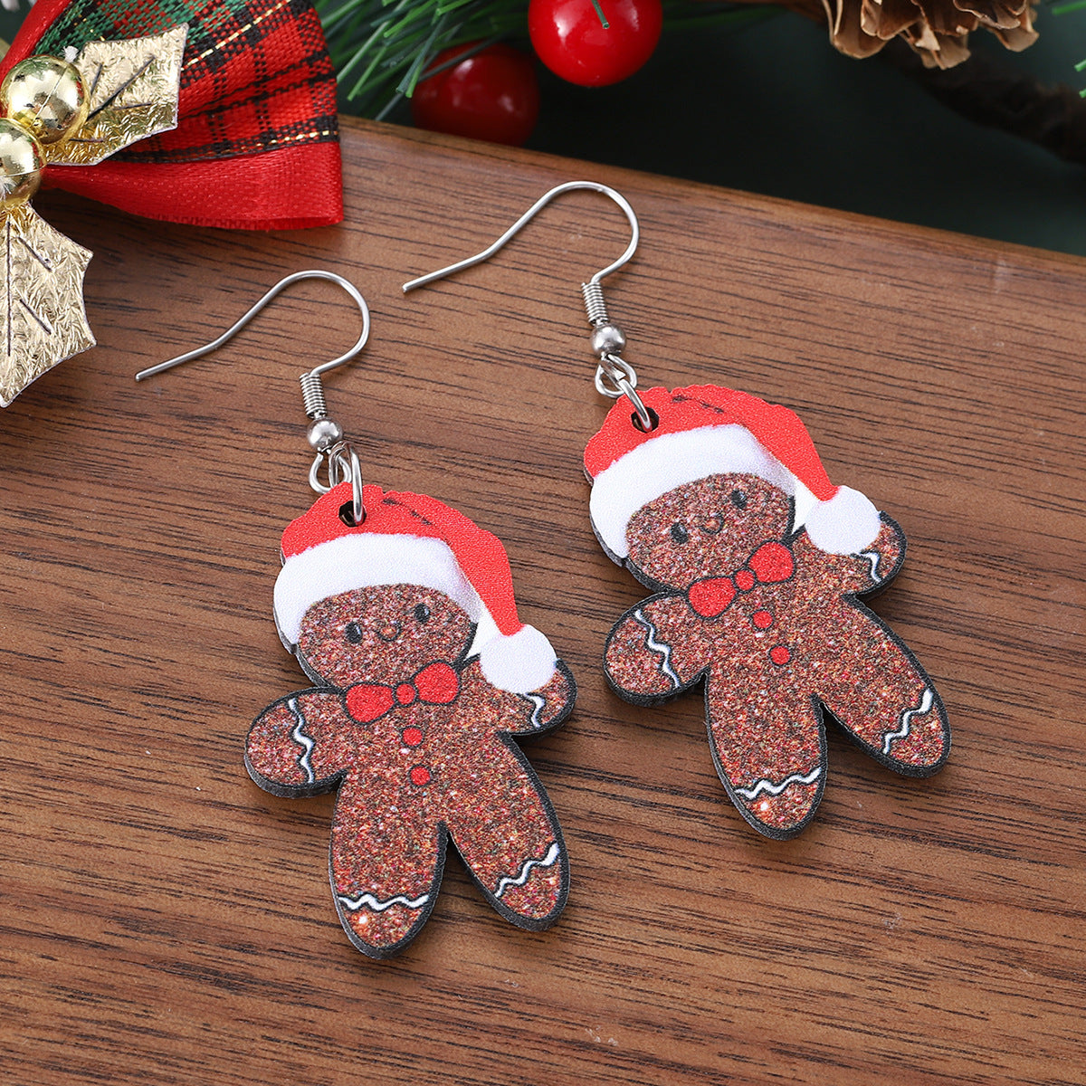 Wholesale Christmas cute Christmas hat gingerbread man pendant earrings wooden