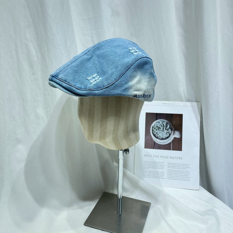 Wholesale  Vintage Washed Old Denim Hole Forward Cap Berets