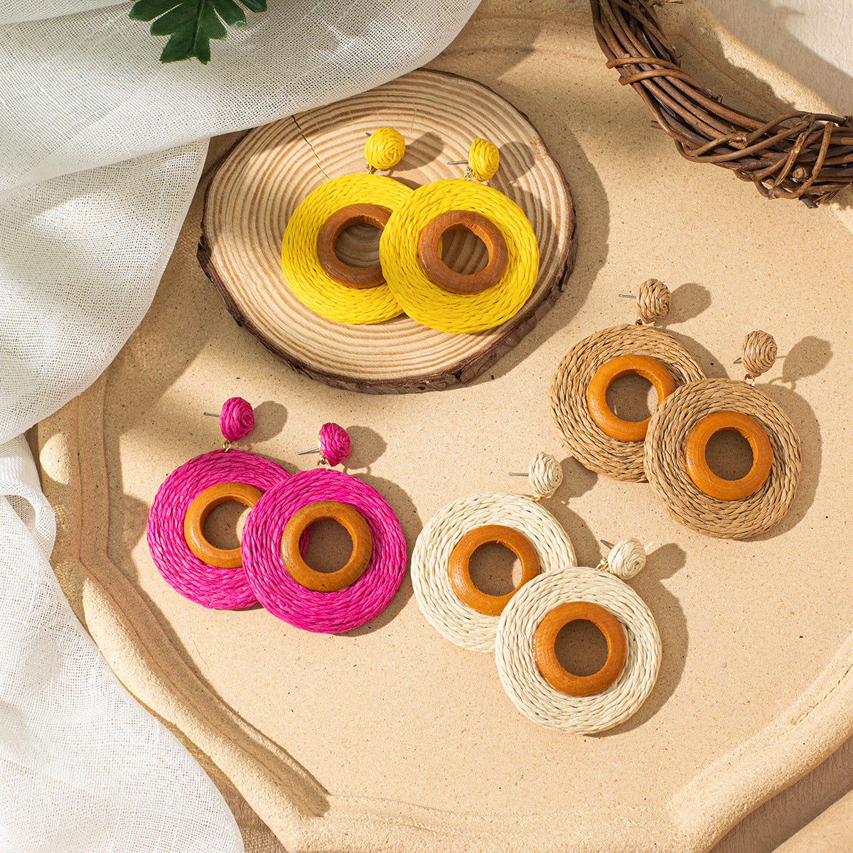 Wholesale Travel Resort Style Colorful Round Raffia Earrings ACC-ES-XLH007