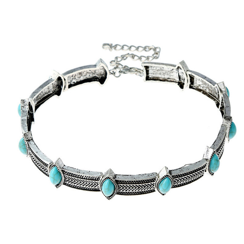 Wholesale Electroplated Alloy Turquoise Clavicle Chain Necklace Retro Ethnic Geometric Style Stylish Gift