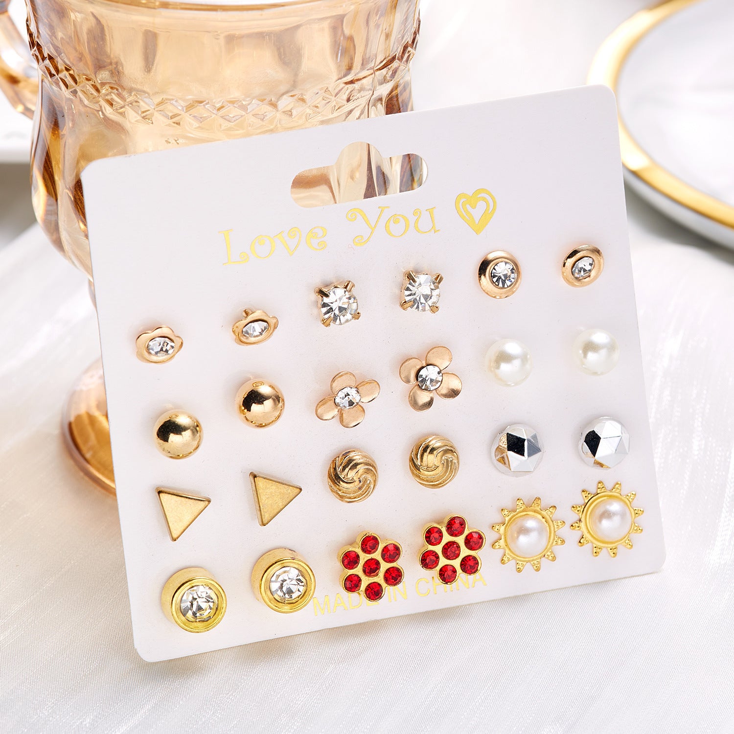 Wholesale December Combination Earrings 12 Pairs Flower Love Strawberry Diamond Earrings Set ACC-ES-Chuya002