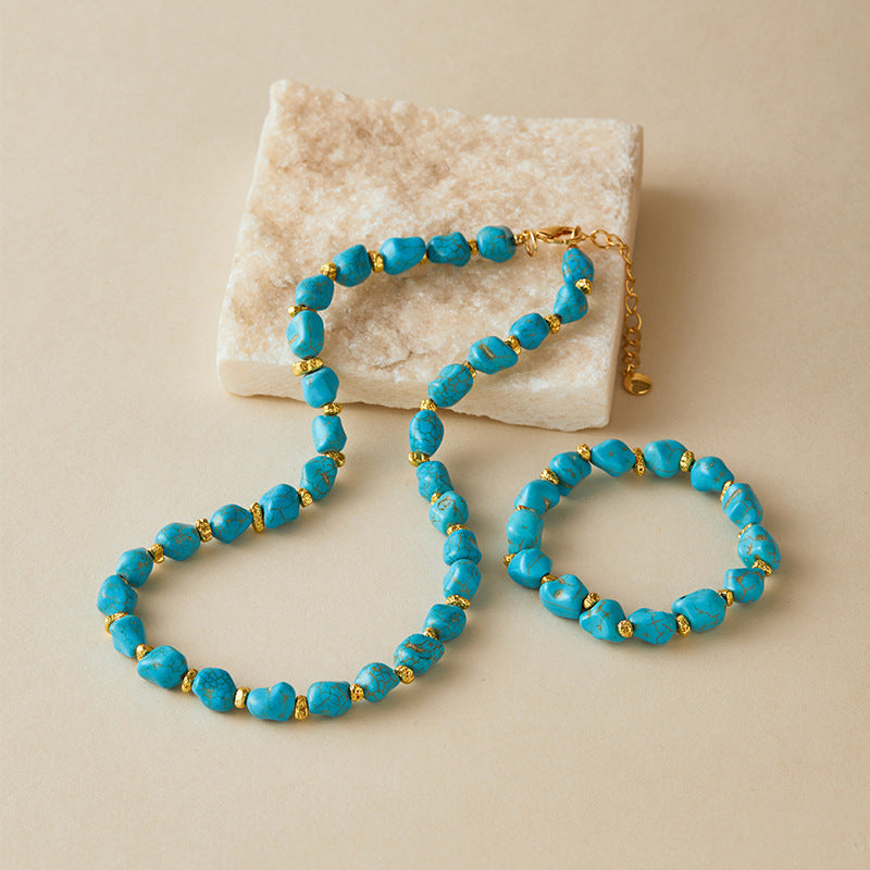 Wholesale Handmade Pine Stone Turquoise Clavicle Necklace Set Retro Blue Beaded Jewelry Accessory Gift