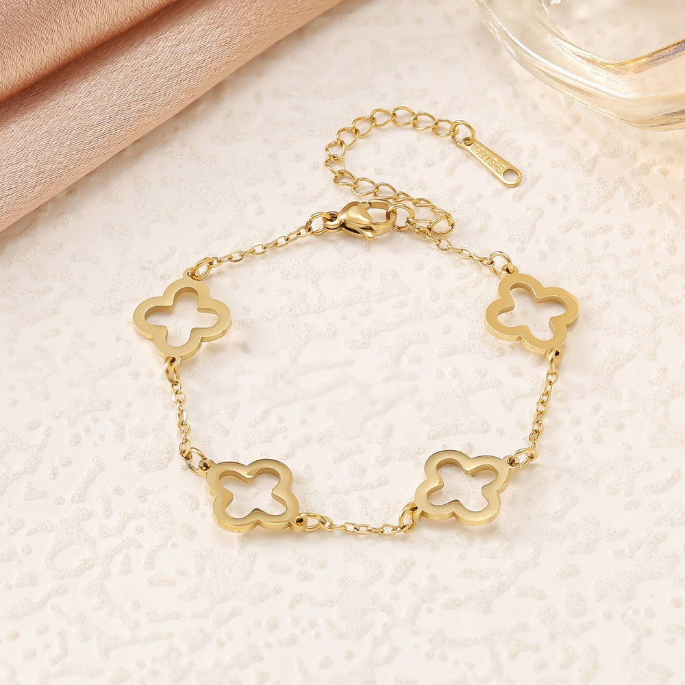 Wholesale Stainless Steel Gold Four-Leaf Clover Bracelet Set Nail Bracelet Diamond Bracelet Cut Out Bracelet