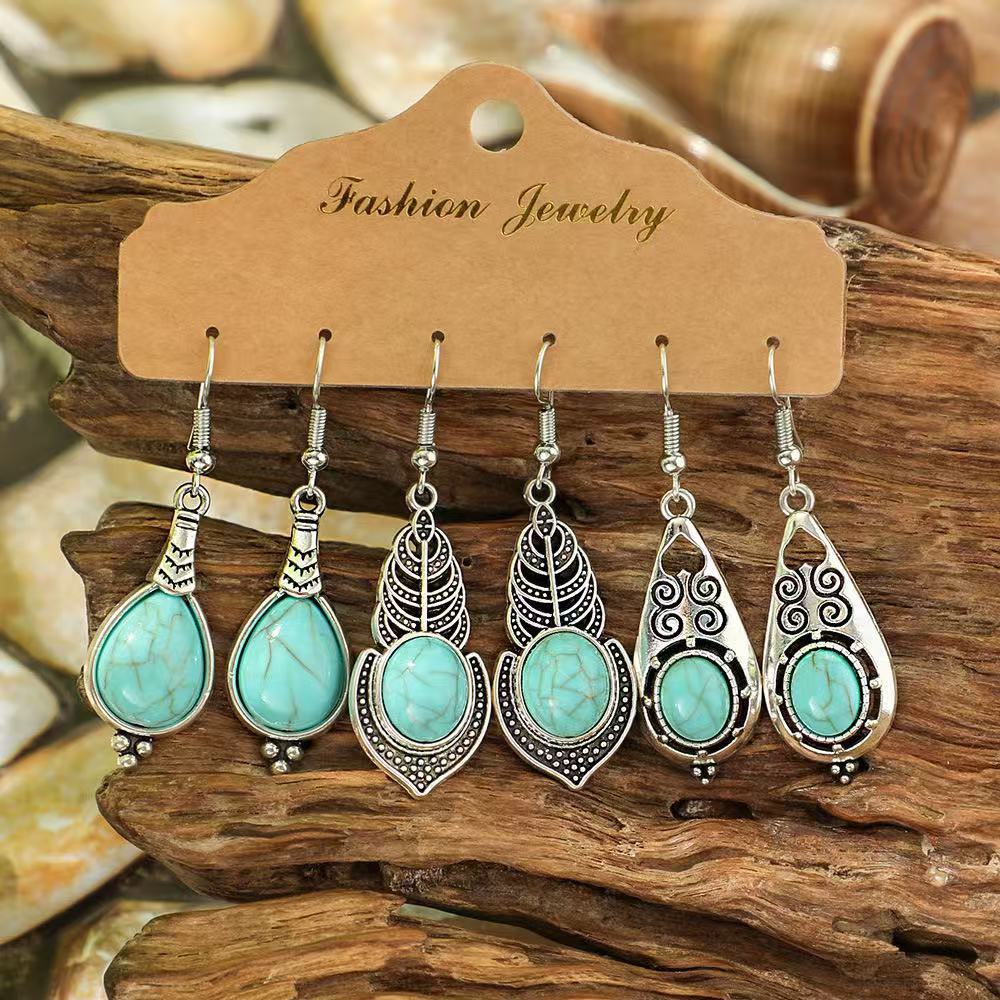 Wholesale Ethnic Style Turquoise Drop Earrings Zinc Alloy Electroplated Boutique Jewelry Accessory