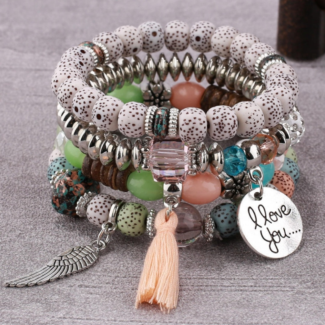 Wholesale Crystal Multi-layer Contrasting Color Turquoise Bracelet Leaf Alloy Tassel 4-piece Set Layered Bracelet Set ACC-BT-Yeb002