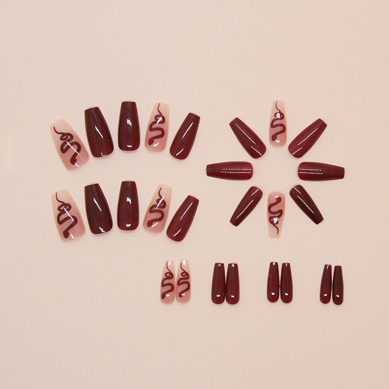 Wholesale 24 Pieces/box Burgundy Snake Nails Kits Nail Stickers