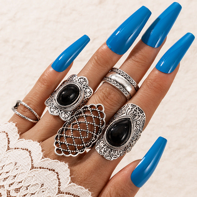 Wholesale Retro Turquoise Cross Hollow Ring Set - 5 Pcs Fashion Accessory for Unisex Gift Boutique Resale