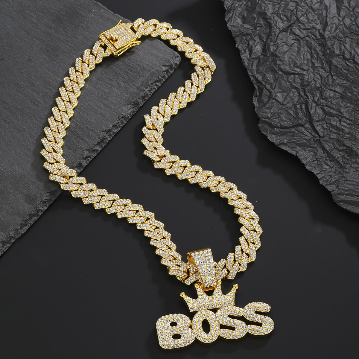 Wholesale Hip-hop Style Full Diamond Crown Letter Pendant Necklace Men's Cuban Chain ACC-NE-MeiWeite008