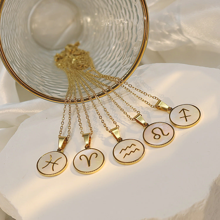 Wholesale twelve constellations white seashell stainless steel 18K gold-plated  pendant necklace