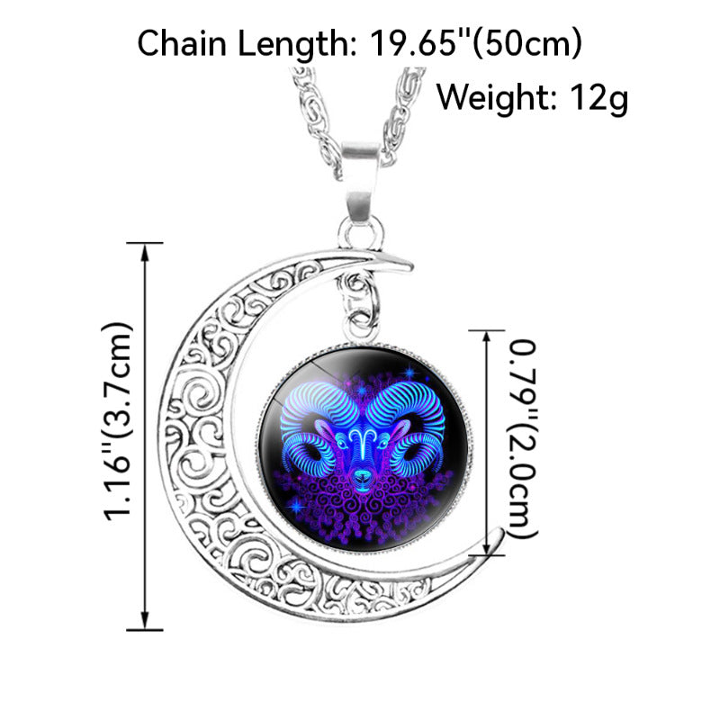 Wholesale Twelve Constellation moon necklace Time Gem crescent moon pendant with chain