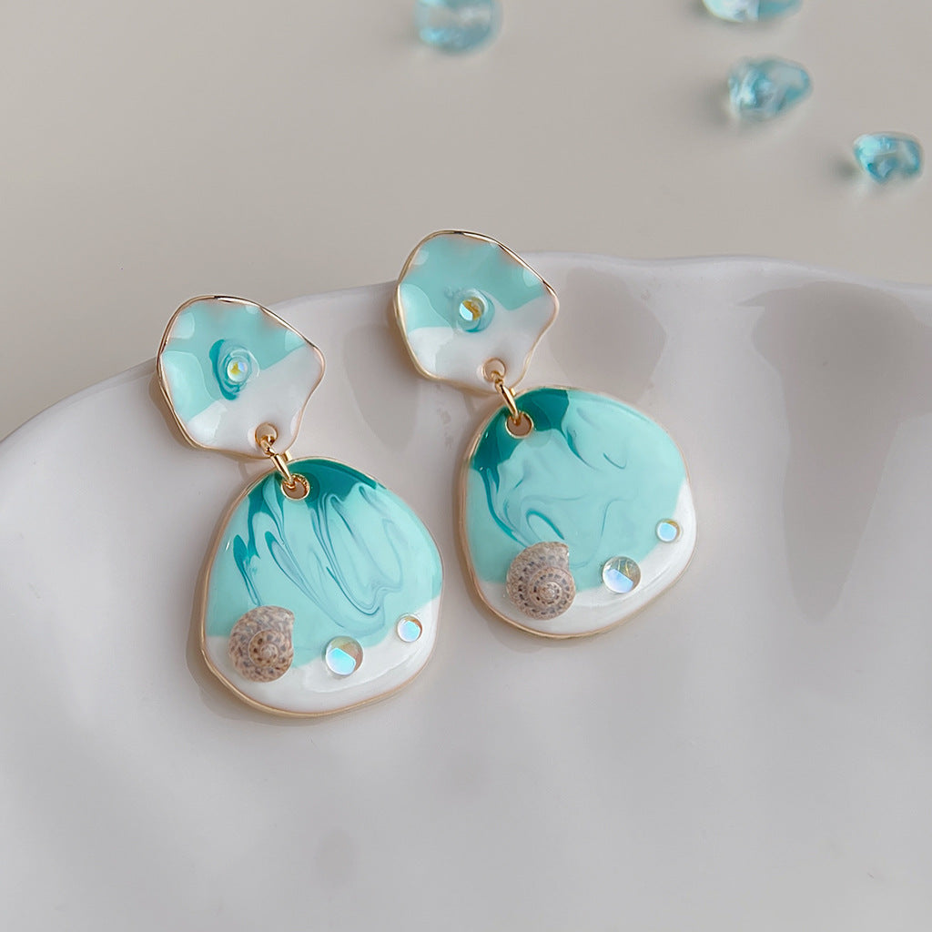 Wholesale Copper Blue Enamel Drip-Glazed Flower Earrings,  Fresh Floral Pearl Studs,  Fashion Accessory