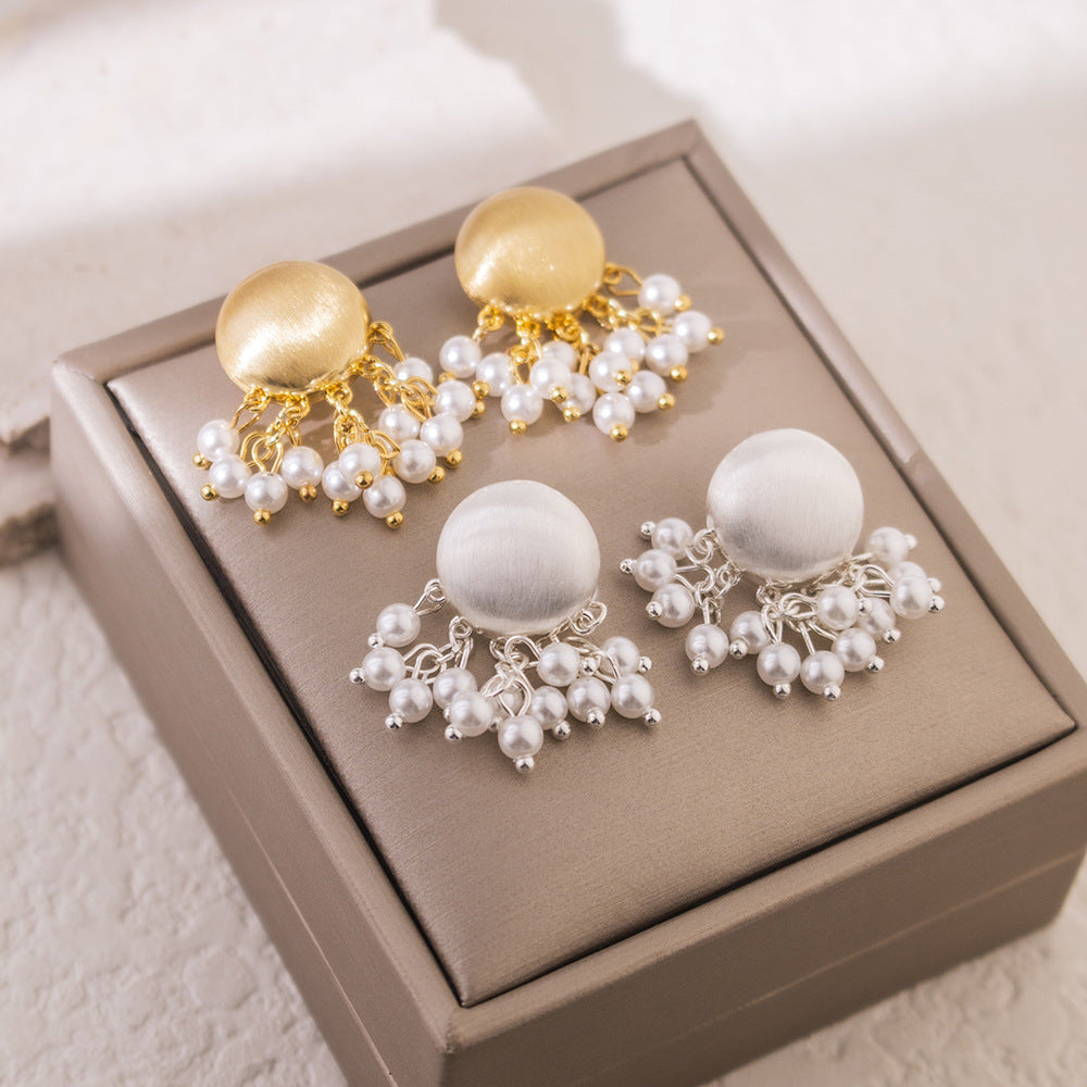 Wholesale  Retro Brushed Metal Pearl Tassel Earrings