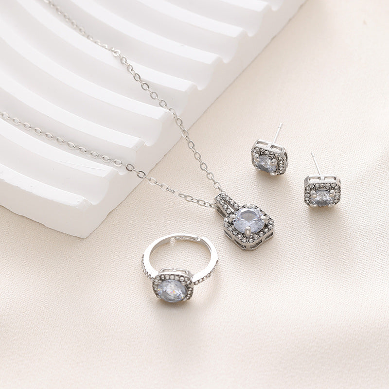 Wholesale Square Diamond Zircon Necklace Earrings Ring Three-piece Sets ACC-NE-ChaoKai013