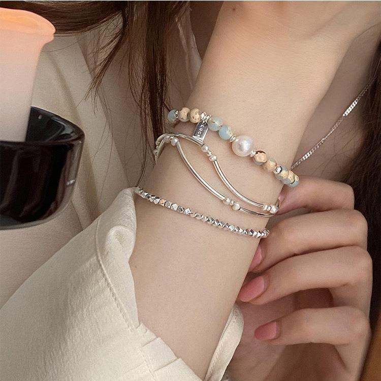 Wholesale Retro Colorful Stone Pearl Broken Silver Bracelet with Simple Personality Silver Bracelets ACC-BT-Mengx002