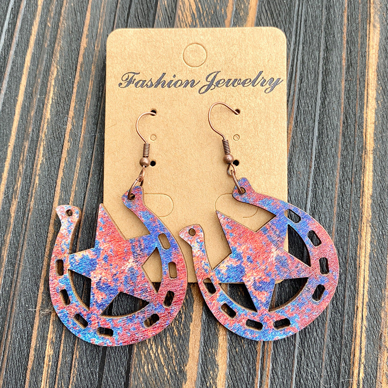 Wholesale Western Revival Rust Printed Wood Ear Rings ACC-ES-XinChuan008