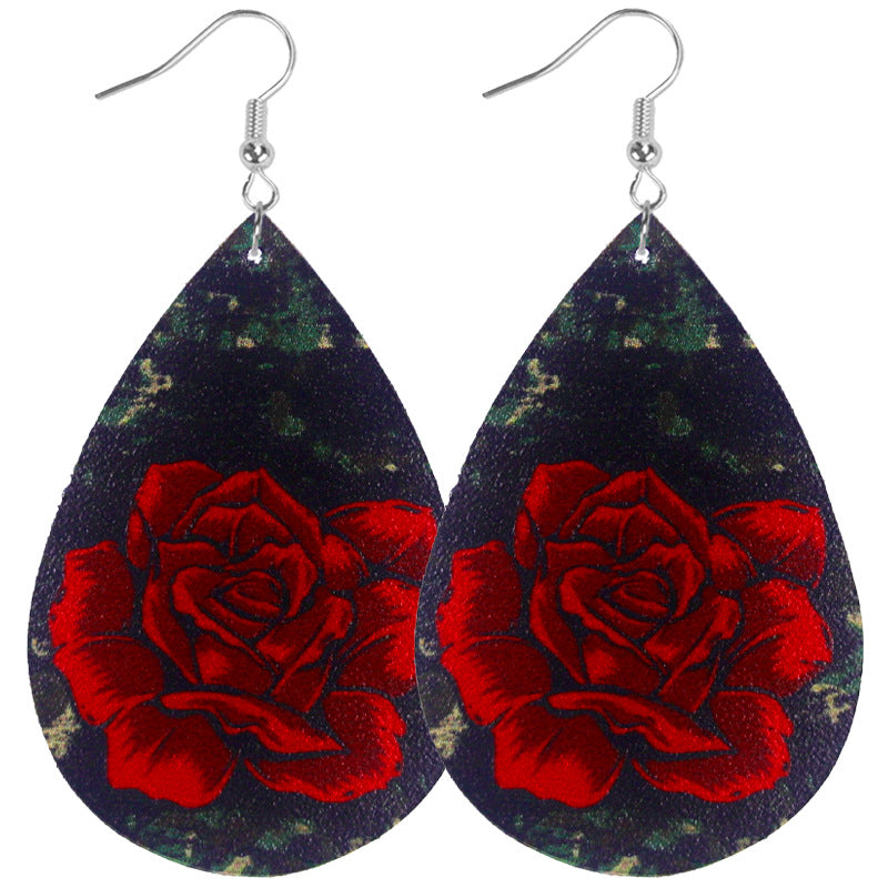 Wholesale flowers oil painting style ladies' teardrop leather earrings