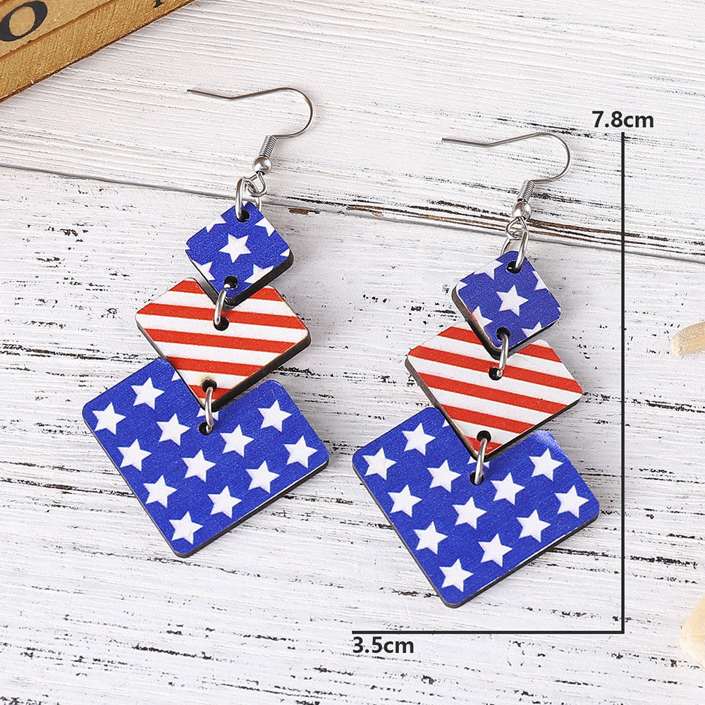 Wholesale of American Independence Day Red, White, Blue Striped Star Ice Cream Patchwork Wooden Double-sided Earrings ACC-ES-ChuLian009