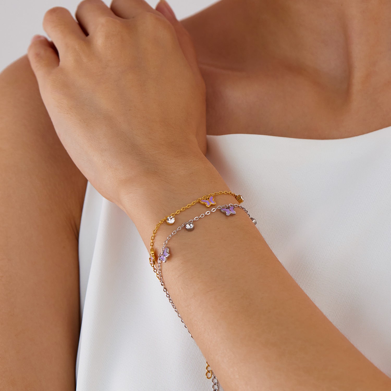 Wholesale Stainless Steel Design Sense Diamond Butterfly Oil Drop Pendant Bracelet