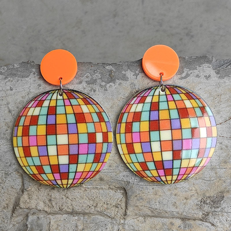 Wholesale 2 Pairs/Pack Heart Shape Eyes Rainbow Retro Disco Ball Acrylic Earrings ACC-ES-HY101