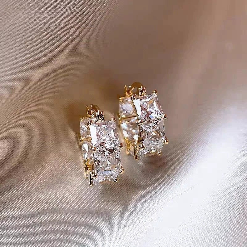 Wholesale Light Luxury Gray Crystal Square Earrings,  Metal Handmade Ear Clips - Trendy Fashion Accessory for Women