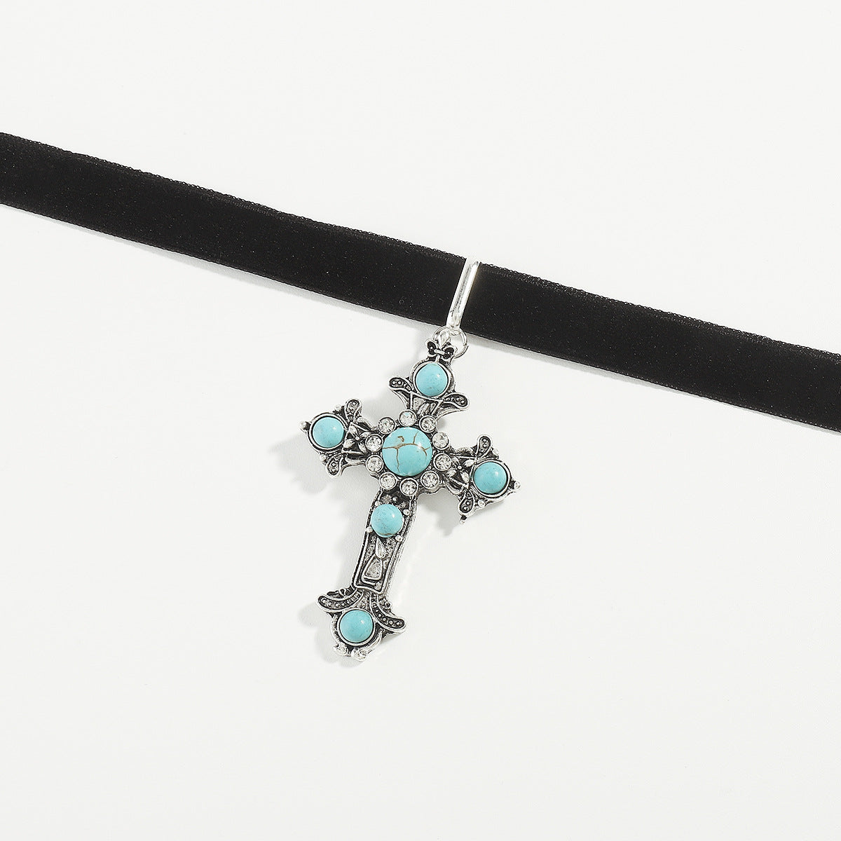 Wholesale Ancient Silver Cross Pendant Necklace Niche Retro Diablo Punk Turquoise Necklace
