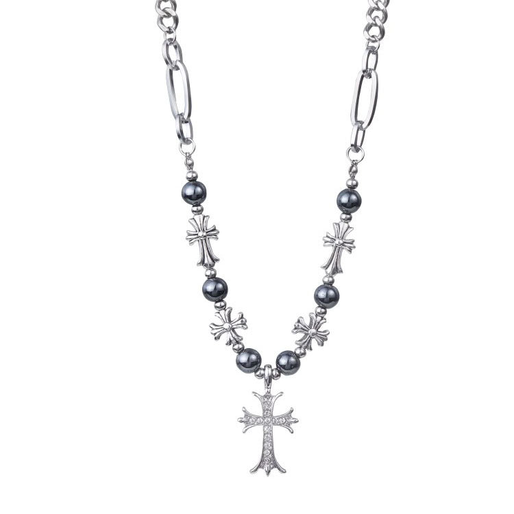 Wholesale Titanium Steel  retro Gothic style black silver beaded cross necklace