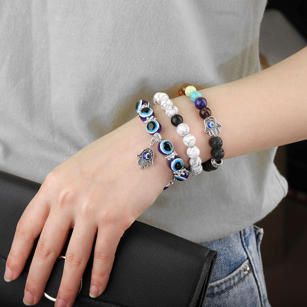 Wholesale Colorful Volcanic Stone Palm Eye White Turquoise Stretch Bracelet Set