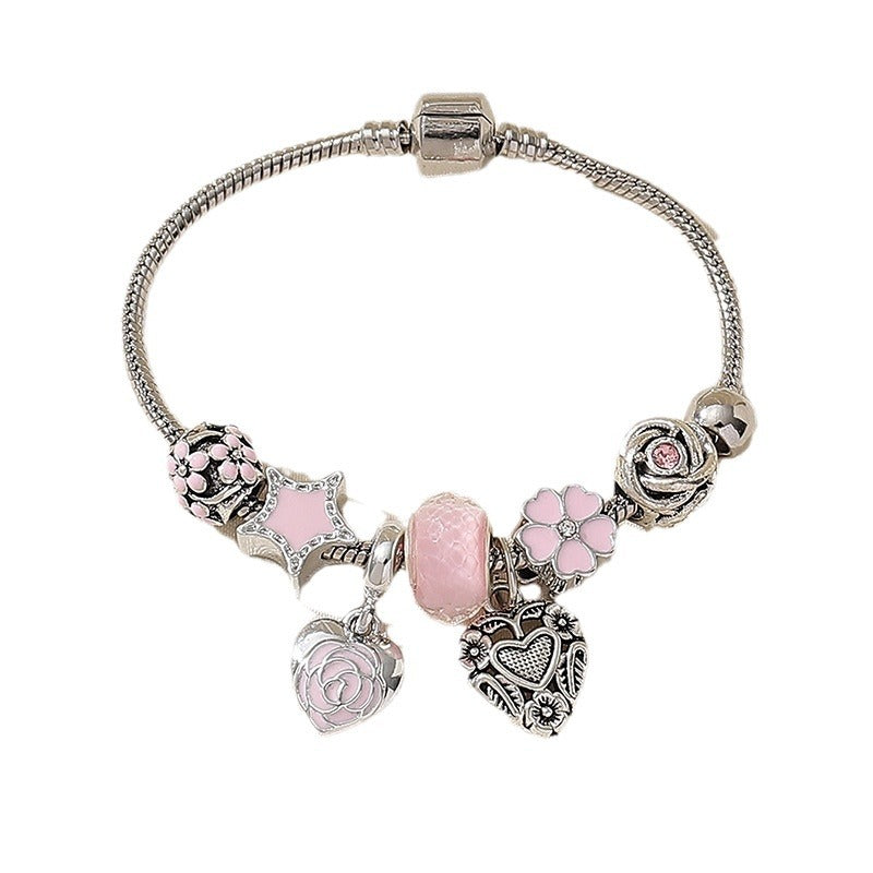 Wholesale  heart painting oil pink heart five-pointed star DIY glass beaded bracelet