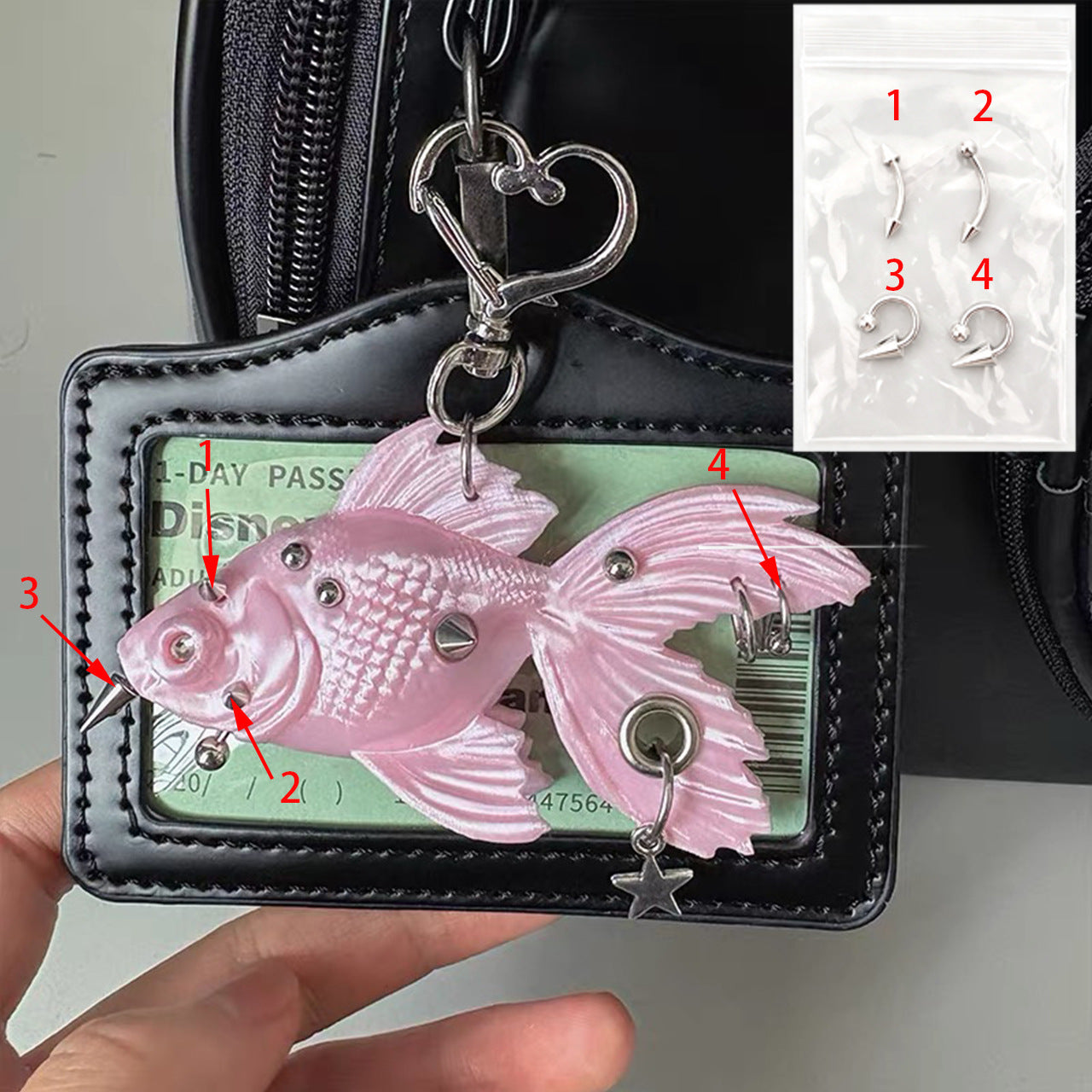 Wholesale 3D Punk Goldfish Keychain Black Resin Bag Charm Fashion Accessory Gift For Everyday Use