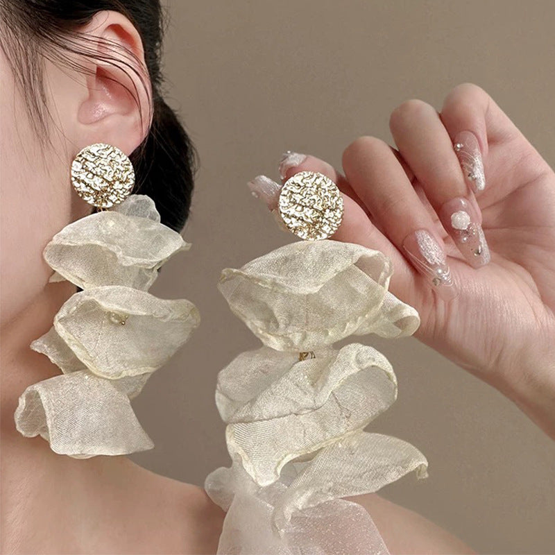 Wholesale  White Chiffon Petal Earrings Light Luxury Earrings