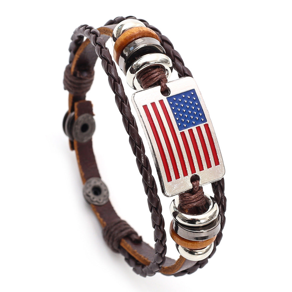 Wholesale Handmade Cowhide Leather Braided Bracelet Retro Flag Design Unisex Fashion Jewelry Gift