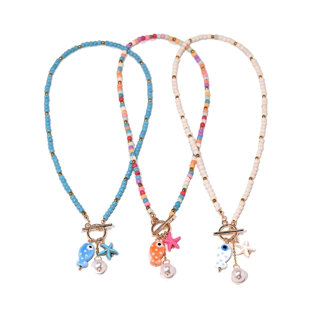 Wholesale Bohemian Blue Fish And Starfish Faux Pearl Beaded Necklace Trendy Party Jewelry Accessory Gift
