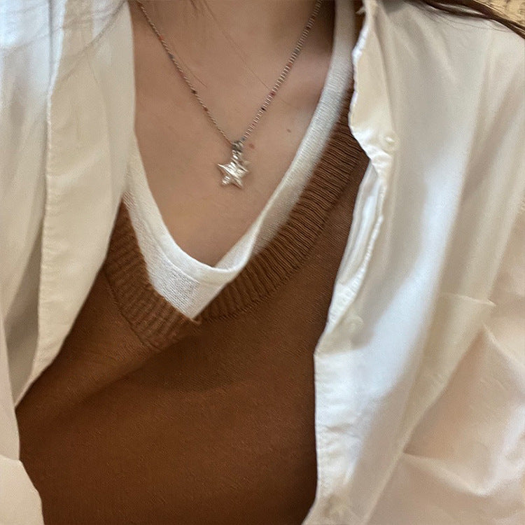 Wholesale Color Rice Bead Zircon Five-pointed Star Pendant Necklace