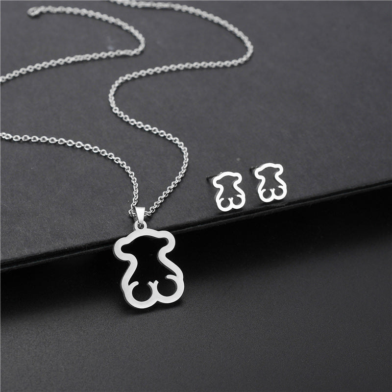 Wholesale 304 Stainless Steel Hollow Glossy Bear Necklace and Earrings Set ACC-ES-MinM003