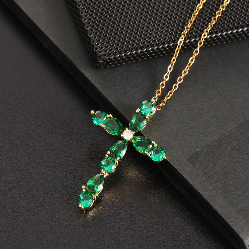 Wholesale Copper Electroplated Cross Pendant Necklace Colorful Zircon Geometric Religious Faith Fashion Accessory