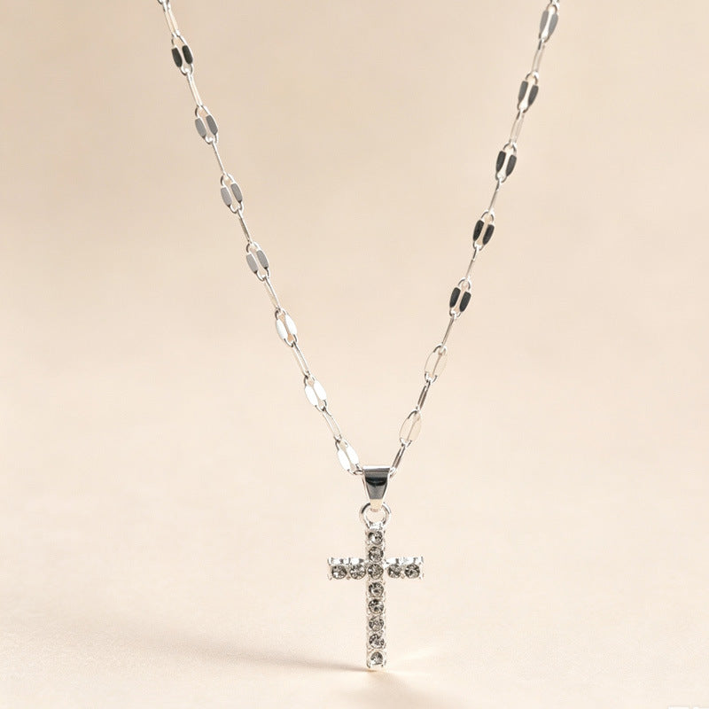 Wholesale Punk Style Cross-Border European and American Diamond-Encrusted Cross Sweater Necklace for Women,  Light Luxury Sweatshirt Chain,  Simple and Versatile Clavicle Chain