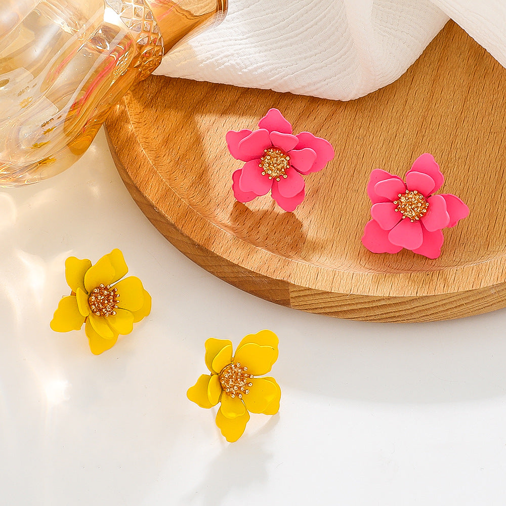 Wholesale Baking Paint Finish Frosted Flower Earrings Trendy Multi Layer Petal Jewelry Accessory For Boutique Resale
