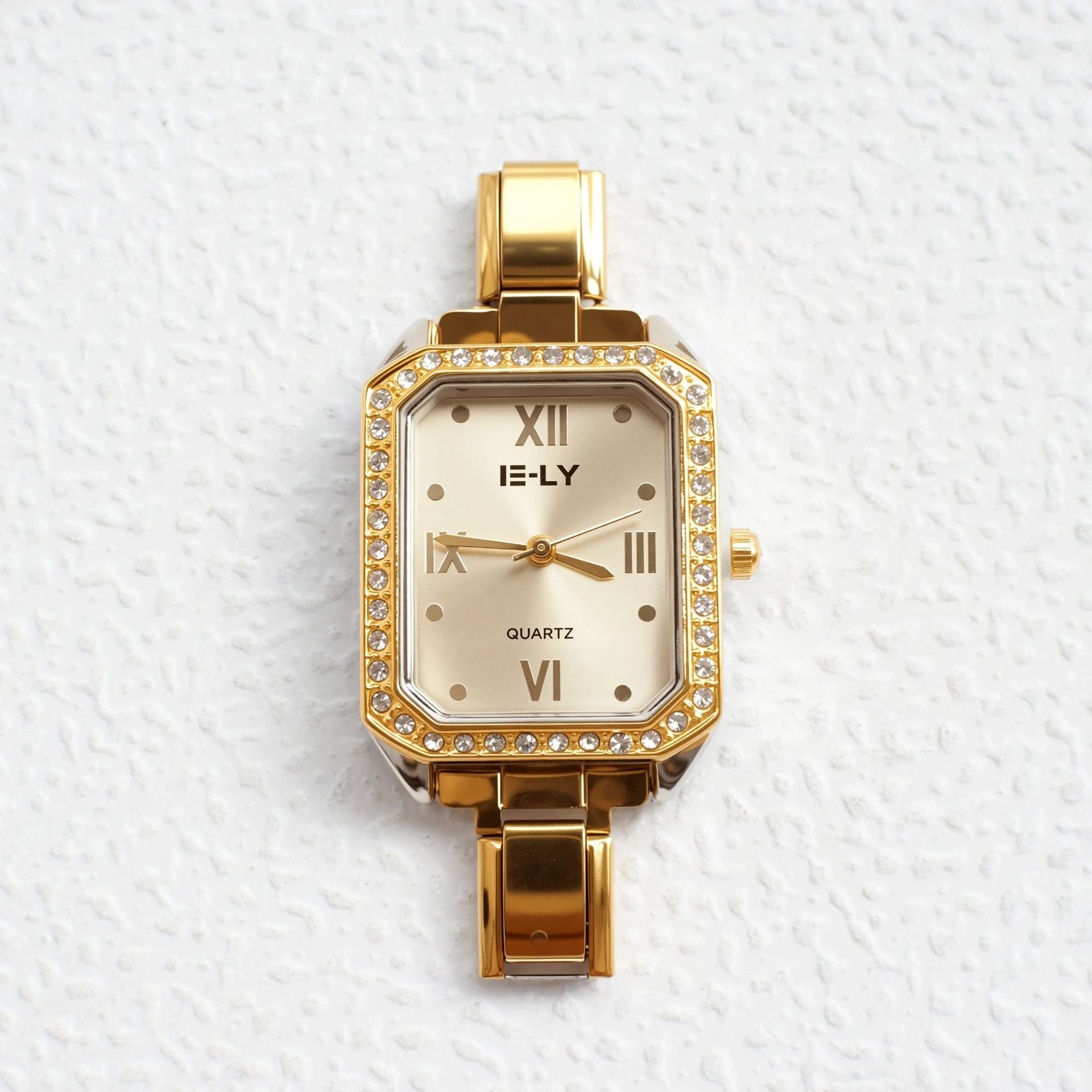 Wholesale quartz gold-rimmed diamond-encrusted watch.