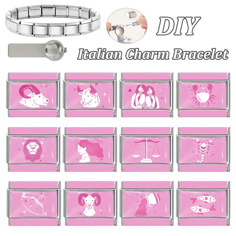 Wholesale 9mm Italian Charm Starter Bracelets DIY Pink 12 Contion Series Stainless Steel Composable Bracelet