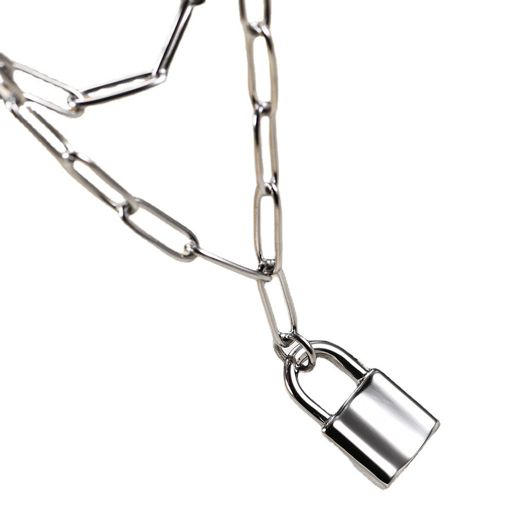 Wholesale Stainless Steel Flat Long O-chain Lock Pendant Double Layer Necklace