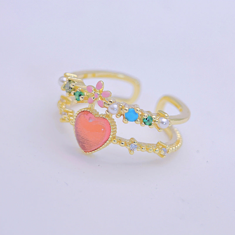 Wholesale Pink Double Layer Flower Love Ring Open Zircon Inlaid Rings ACC-RS-YXY013