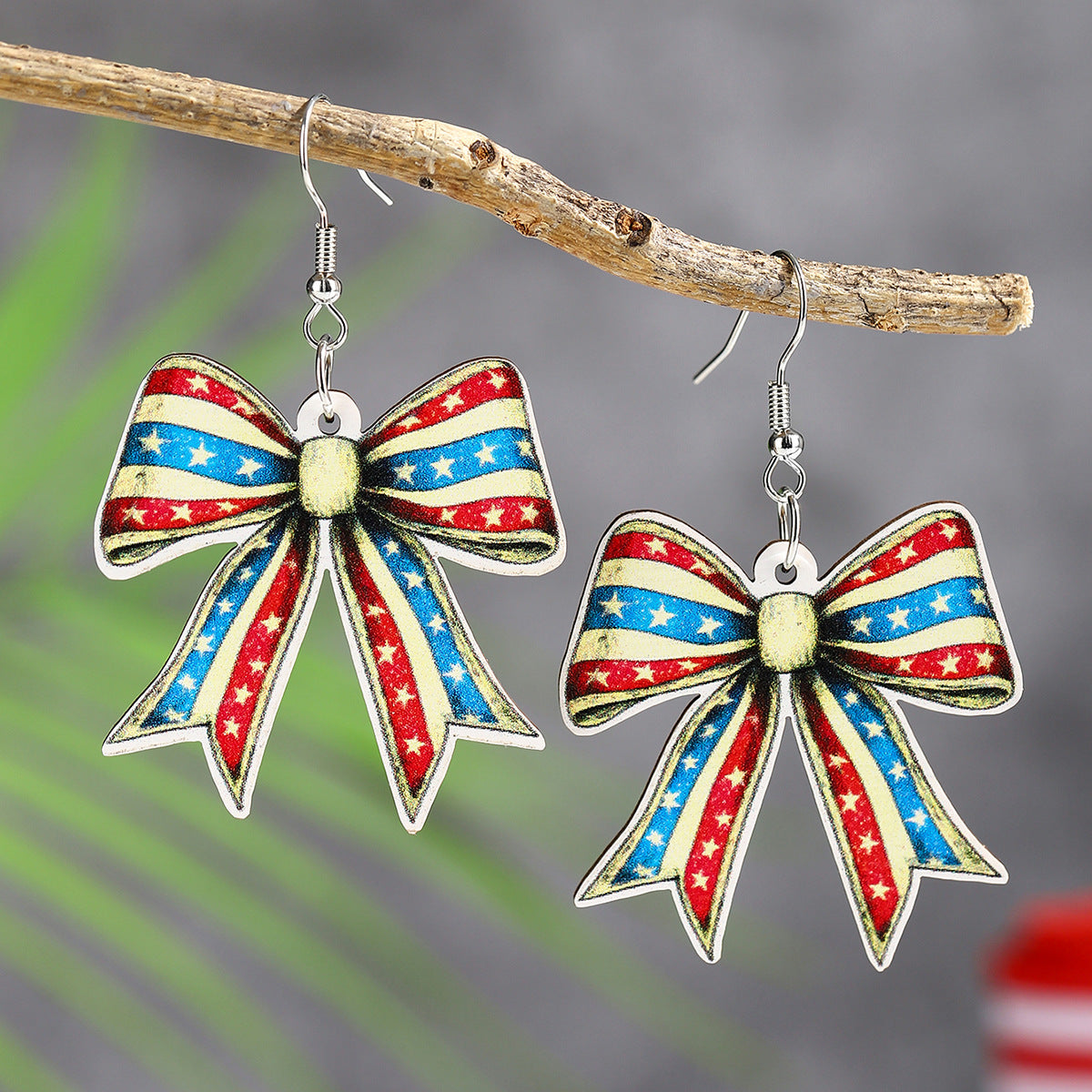 Wholesale  US Independence Day Element Wooden Water Drop Earrings
