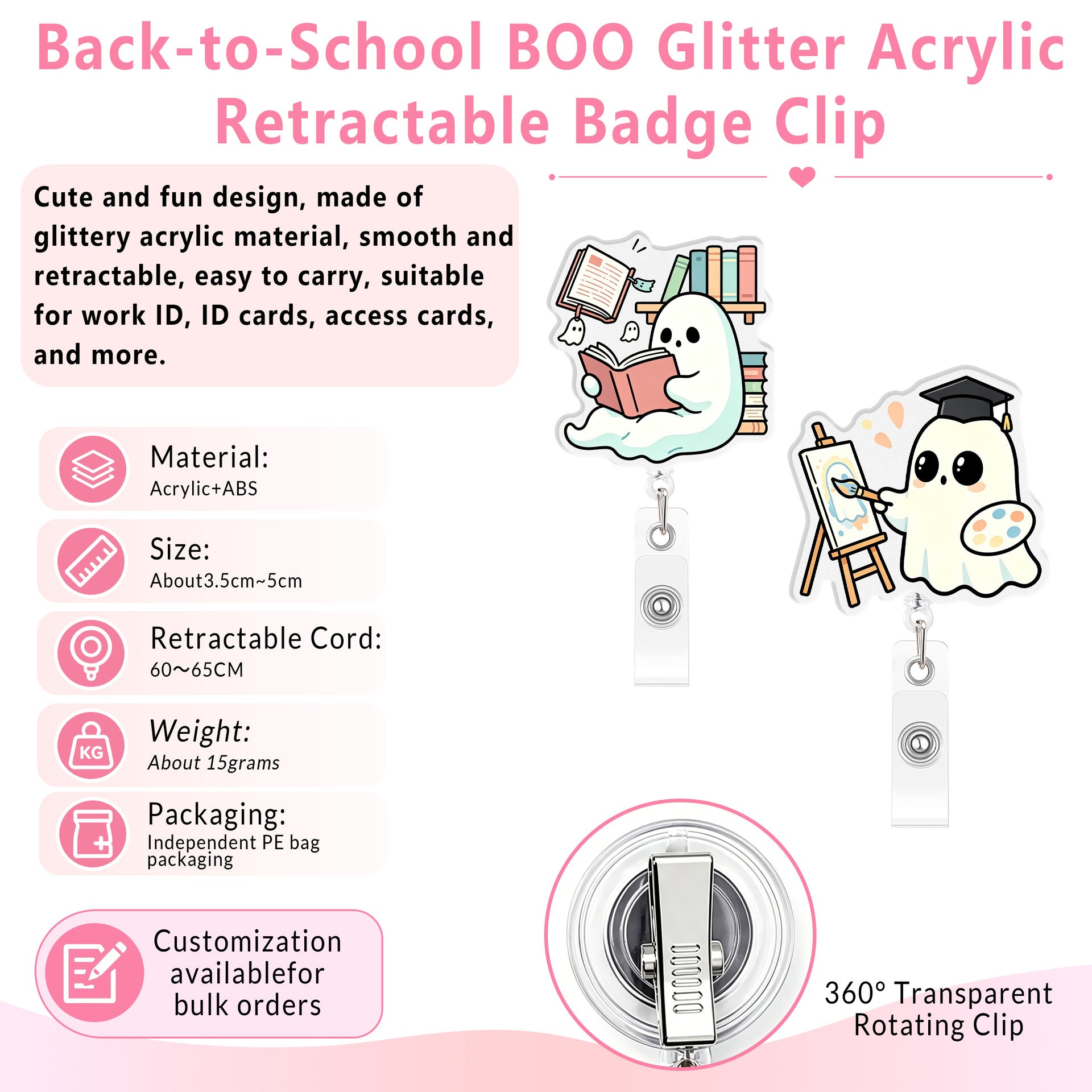 Wholesale Trendy BOO Campus Back To School Retractable Badge Clip Plastic Student ID Holder