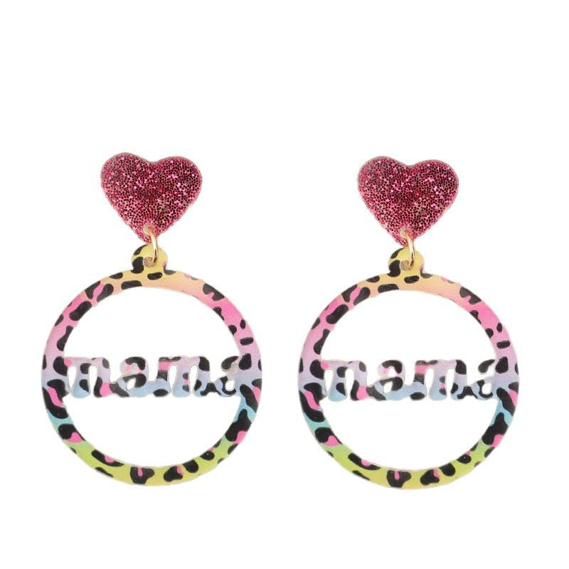Wholesale  Mother's Day  Colorfulful Cut Out Round Letter Stitching Sequin Heart Acrylic Earrings