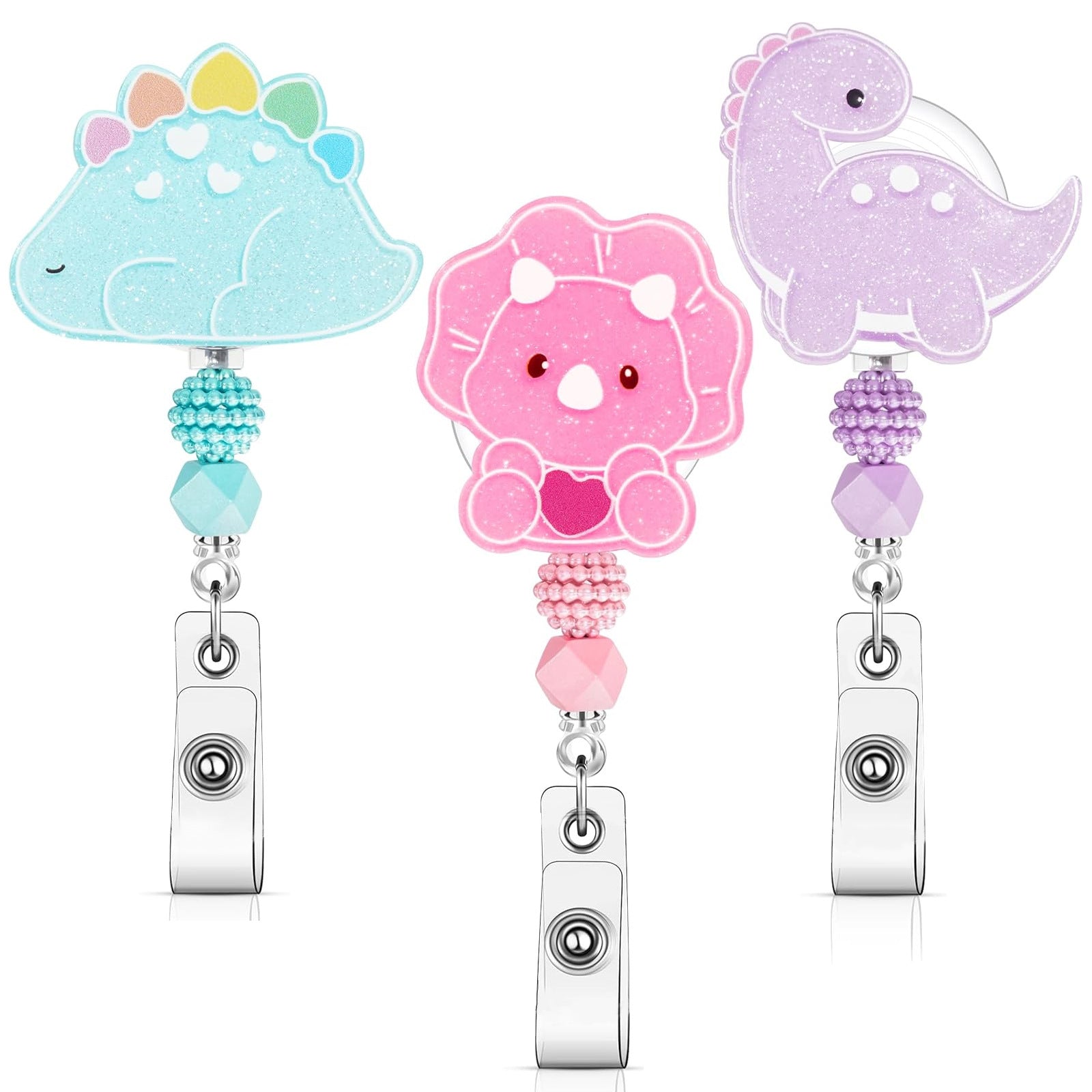 Wholesale Glitter Dinosaur Beaded Acrylic Retractable Badge Holder for Medical Students Fashion Accessory Boutique Gift